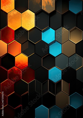 red blue orange black gold hexagon abstract geometric