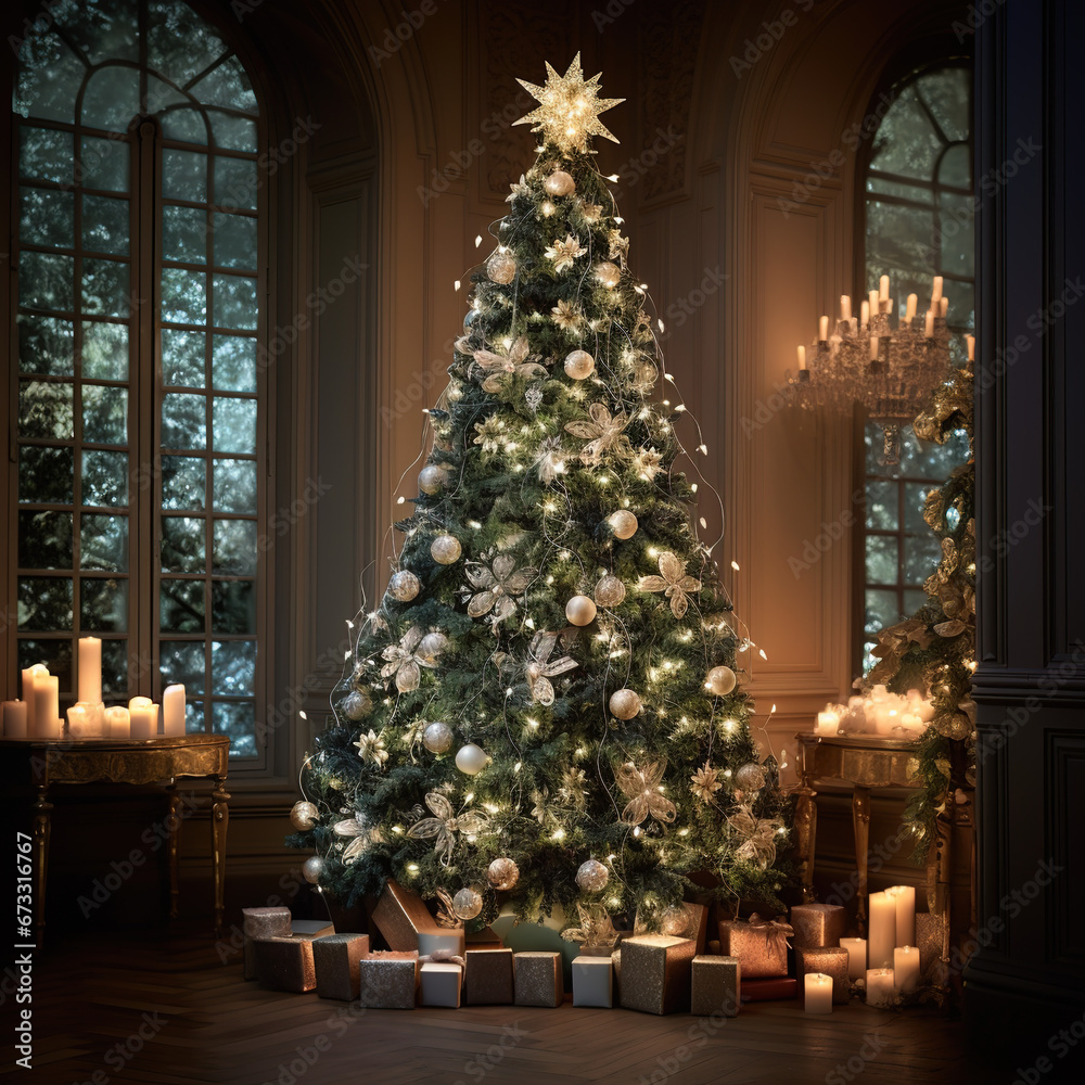 Majestic Christmas Tree with Glistening Star Topper in Low-Light Ambiance