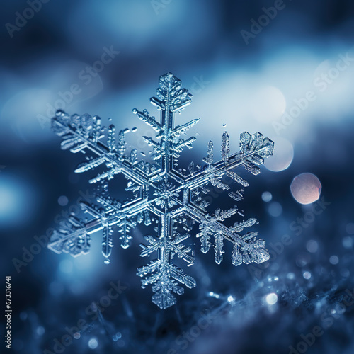 Macro Capture of Individual Snowflake with Exquisite Crystal Detailing in Blue Tone