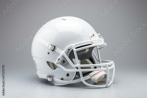 Isolated white football helmet on grey background. Generative AI © Emily