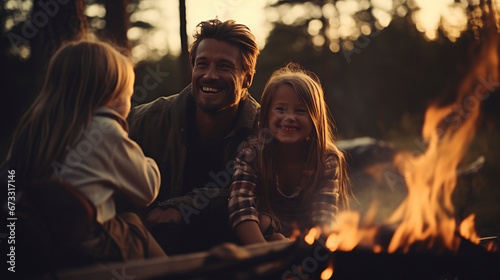 Father and two of his daughters, happily laughing and having fun, around a fire at a campsite in the woods at sunset.