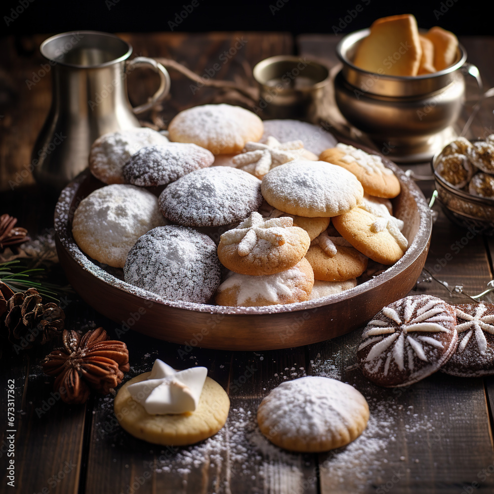 Fototapeta premium High-Angle View of Festive Cookie Assortment with Soft Lighting on Rustic Wood