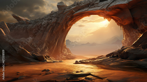 fantasy mountain at sunset, artistic illustration of cliff and dramatic sky photo