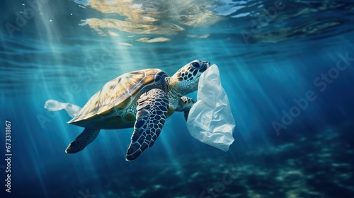 turtle and fish swimming by polluted waters with plastic trash and garbage, ecology disaster and damage concept, underwater © goami