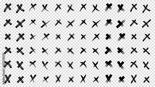 X black mark vector set collection. Cross sign icon from hand brush strokes. Hand drawn doodle scribble crossed brush strokes. Grunge set X. Set black shapes on a isolation transparent background.