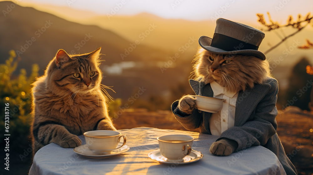 funny cat family drink tea at sunset, two kitty sitting by table and drinking hot drink, animals have breakfast at nature - obrazy, fototapety, plakaty 