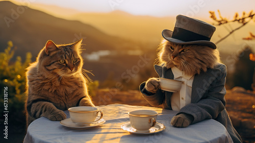 funny cat family drink tea at sunset, two kitty sitting by table and drinking hot drink, animals have breakfast at nature photo