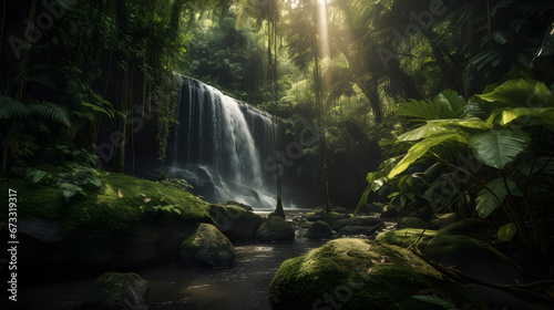 Tropical waterfall in a dense jungle bathed in the warm sun s rays. Wet rocks  ferns  lianas  palm trees  and lush greenery surround  showcasing the rainforest s natural beauty.