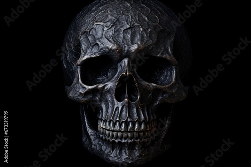 Black skull on dark backdrop photo