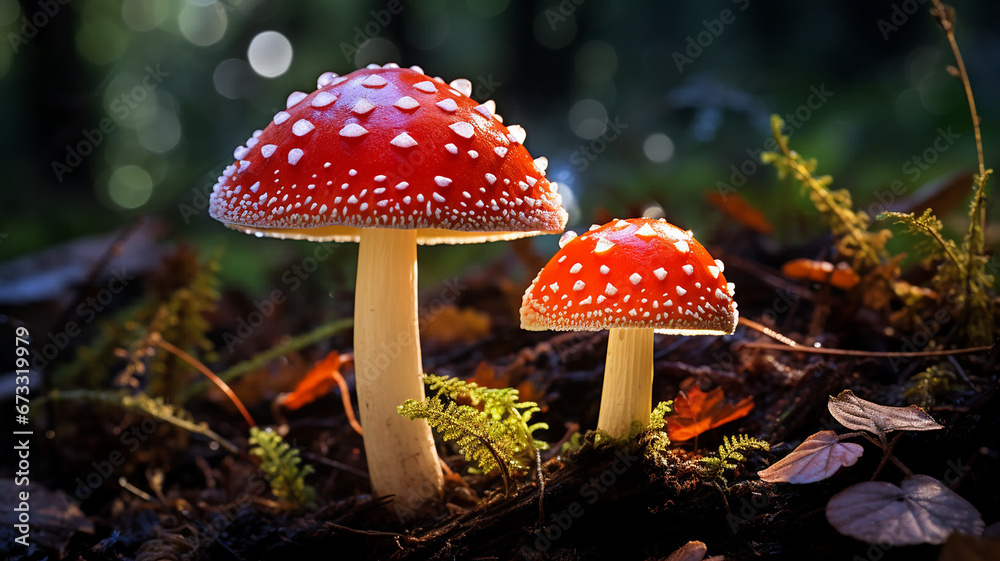Fototapeta premium fly agaric mushroom in the forest glowing