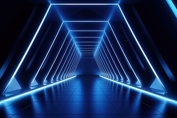 Blue background with neon lights tunnel corridor Spotlight for product showcase Tidy studio for photographers