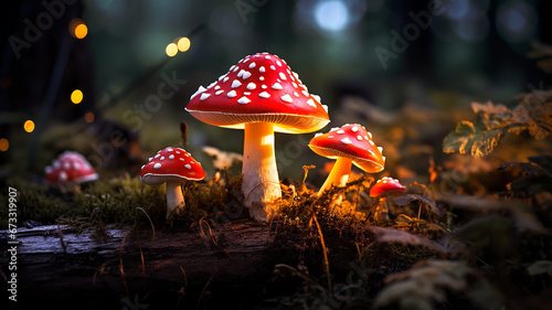 fly agaric mushroom in the forest glowing