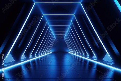 Blue background with neon lights tunnel corridor Spotlight for product showcase Tidy studio for photographers photo