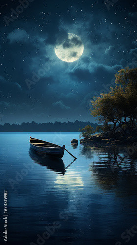 lonely boat on the lake at night with the moon