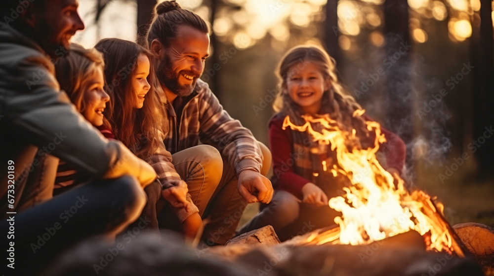 Blended family of a couple of men and three girls, happy, laughing and having fun, around a campfire at a campsite in the woods at sunset.