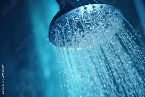 Blue toned photo of water sprinkling from shower head in closeup