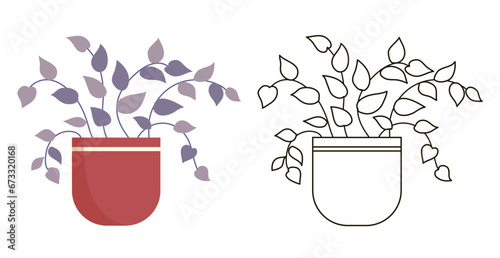 Decorative home flower. Pot with plant. Object of a room interior. Flat vector illustration. Color and black line