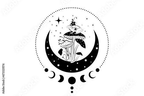 Spiritual sacred frog over magic mushroom in witchcraft crescent moon. Mystical celestial toad with moon phases and stars. Witchy esoteric fungus logo tattoo. wiccan clipart isolated on white