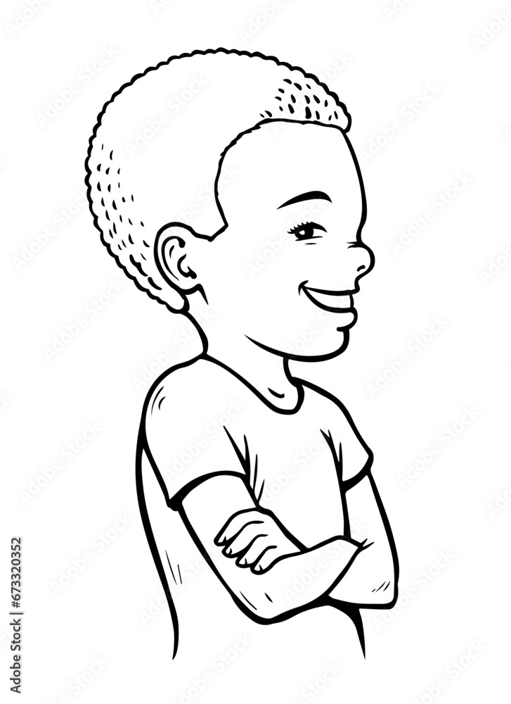 Cartoon portrait of a little happy boy. A smile on his face. Joyful African American child. Happy childhood. Hand drawn line. Cartoon vector illustration. Black and white sketch