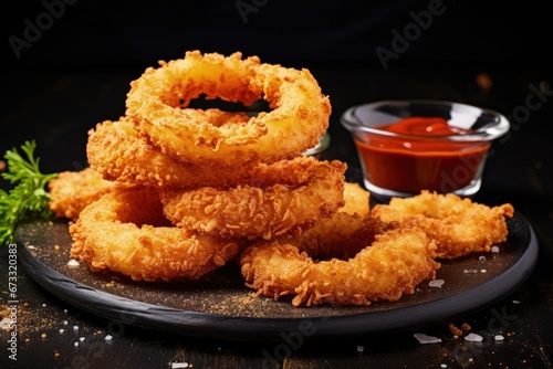 Breaded onion rings with sauce on stone board