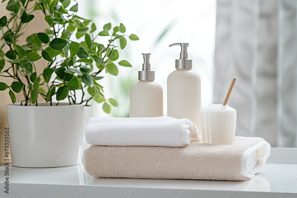 Bright bathroom with white counter table ceramic soap and shampoo bottles and green plant on it along with white cotton towels