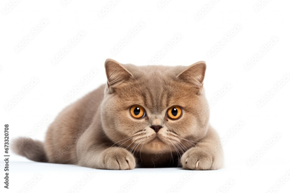 Brown British cat lying isolated on white background