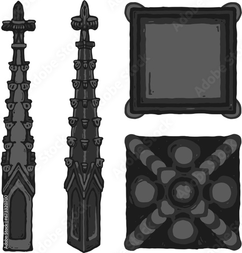 Gothic pinnacle - cap/crown/peak of a buttress stylized drawing. Architectural stone spire; european medieval cathedral/church crocketed turret illustration; with top and bottom view; vector