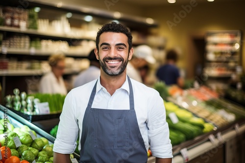 Portrait of a handsome seller with arm crossed in supermarket. Portrait of smiling man wearing apron at supermarket