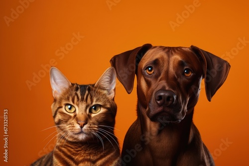 Brown cat and dog posing for the camera on dark orange backdrop