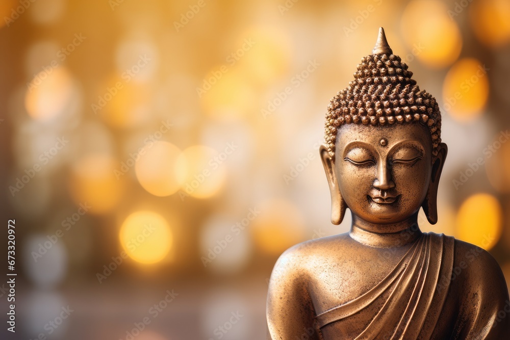 Buddha statue crafted with gold and bronze against bokeh backdrop - obrazy, fototapety, plakaty 