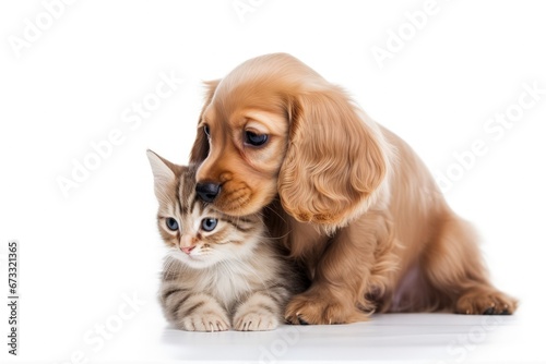Cocker spaniel puppy embraces kitten gazing into the void White background © LimeSky