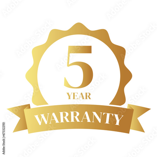 5 year warranty logo with golden shield and golden ribbon.Vector illustration.