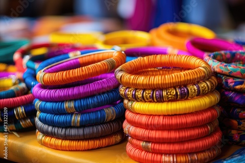Colorful bangles and turbans traditional Indian ornaments showcased in Mysore market on April 15 2018