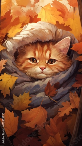 Cat in autumn leaves. AI generated art illustration.