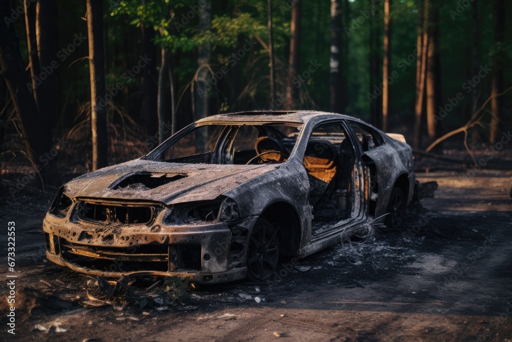 Completely burnt car due to fire iron parts of a vehicle - obrazy, fototapety, plakaty 