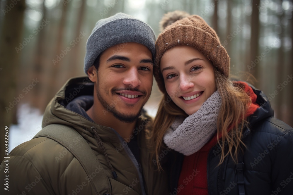 Young mixed race couple enjoying outdoors activity in winter forest Young mixed race couple enjoying outdoors activity in winter forest