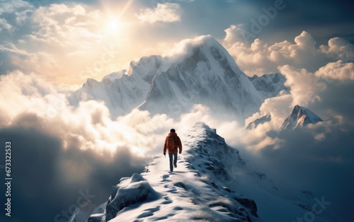 Tourist man hiker on top of...
