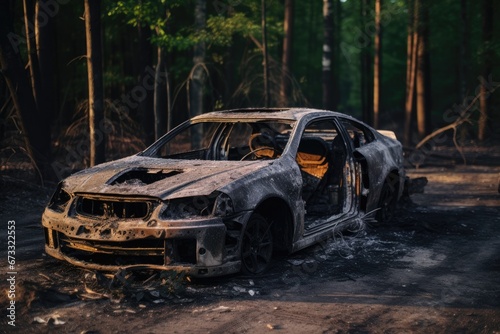 Completely burnt car due to fire iron parts of a vehicle