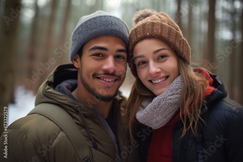 Young mixed race couple enjoying outdoors activity in winter forest