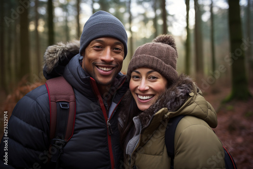 Middle age mixed race couple enjoying outdoors activity in winter woods