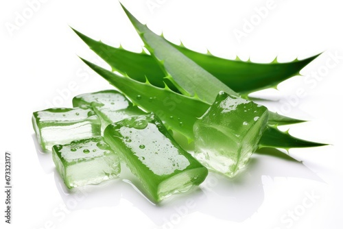 Fresh aloe leaves and slices on a white background photo