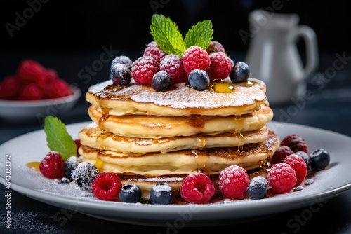 Fresh pancakes with forest fruits and almonds on a white table