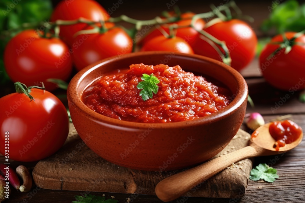 Fresh tomatoes and homemade healthy food on a wooden table with Turkish tomato paste in a bowl or spoon Fresh tomatoes and homemade healthy food on a wooden table with Turkish tomato paste in a bowl or spoon