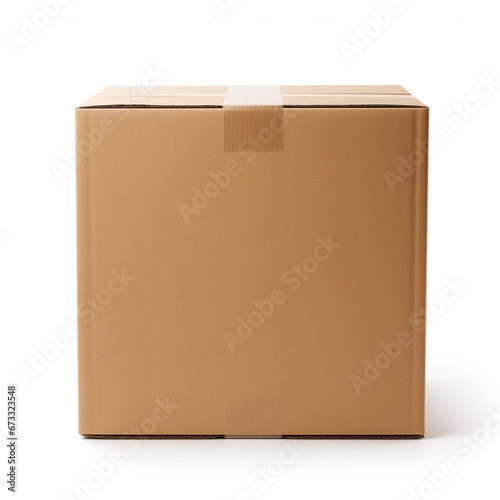 A large closed cardboard box isolated on a white background, front view