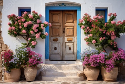 Front door with small decorative windows and flower pots in close up