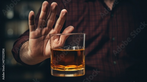 man refuses say no and avoid to drink an alcohol whiskey , stopping hand sign male, alcoholism treatment, alcohol addiction, quit booze, Stop Drinking Alcohol. Refuse Glass liquor, unhealthy, reject