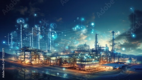 Modern factory  communication network. Telecommunication. IoT  Internet of Things  ICT  Information communication Technology . Smart factory. Digital transformation  cloud connecting  generate by AI