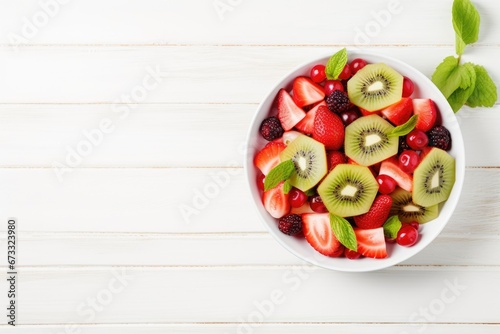 Fruit salad with apple kiwi and pomegranate on a white wooden background