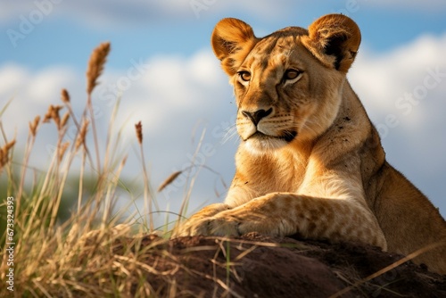 A young lioness surveys the Masai Mara from a mound. Generative AI © Mariella