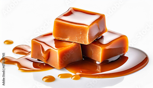Caramel candies and flowing caramel sauce isolated on a white background. Pieces of toffee candies close up.